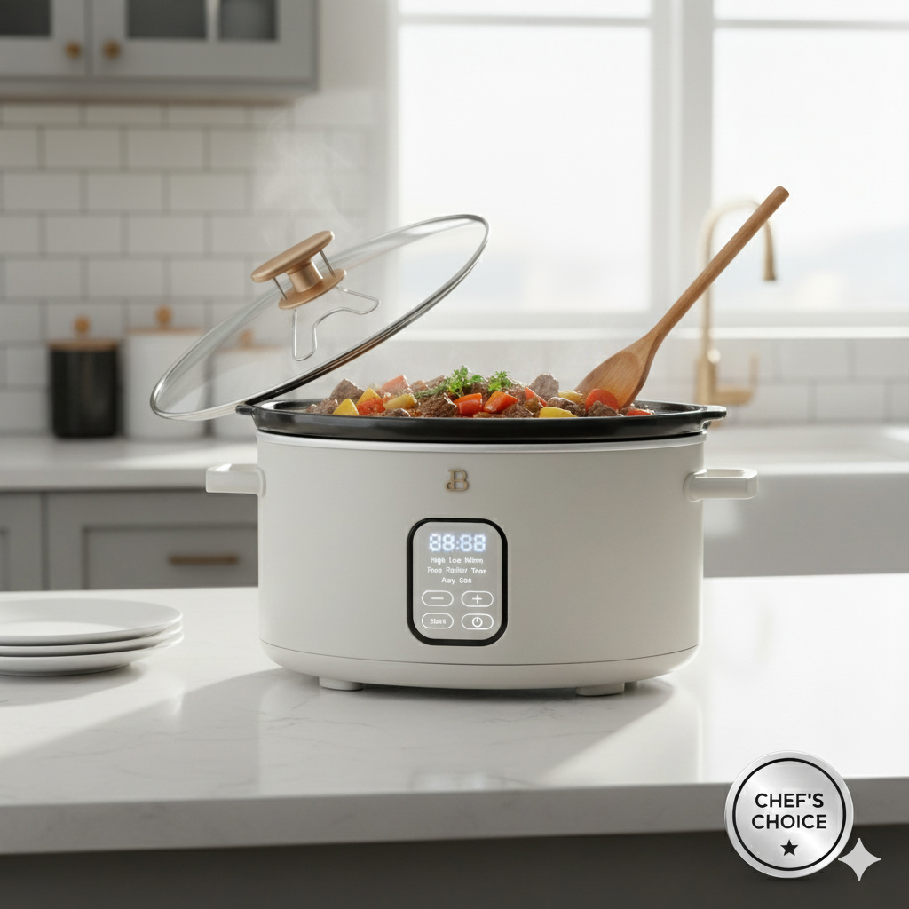 Drew Barrymore’s Beautiful 6 Qt Programmable Slow Cooker – Effortless Meals Stunning Design (White Icing)