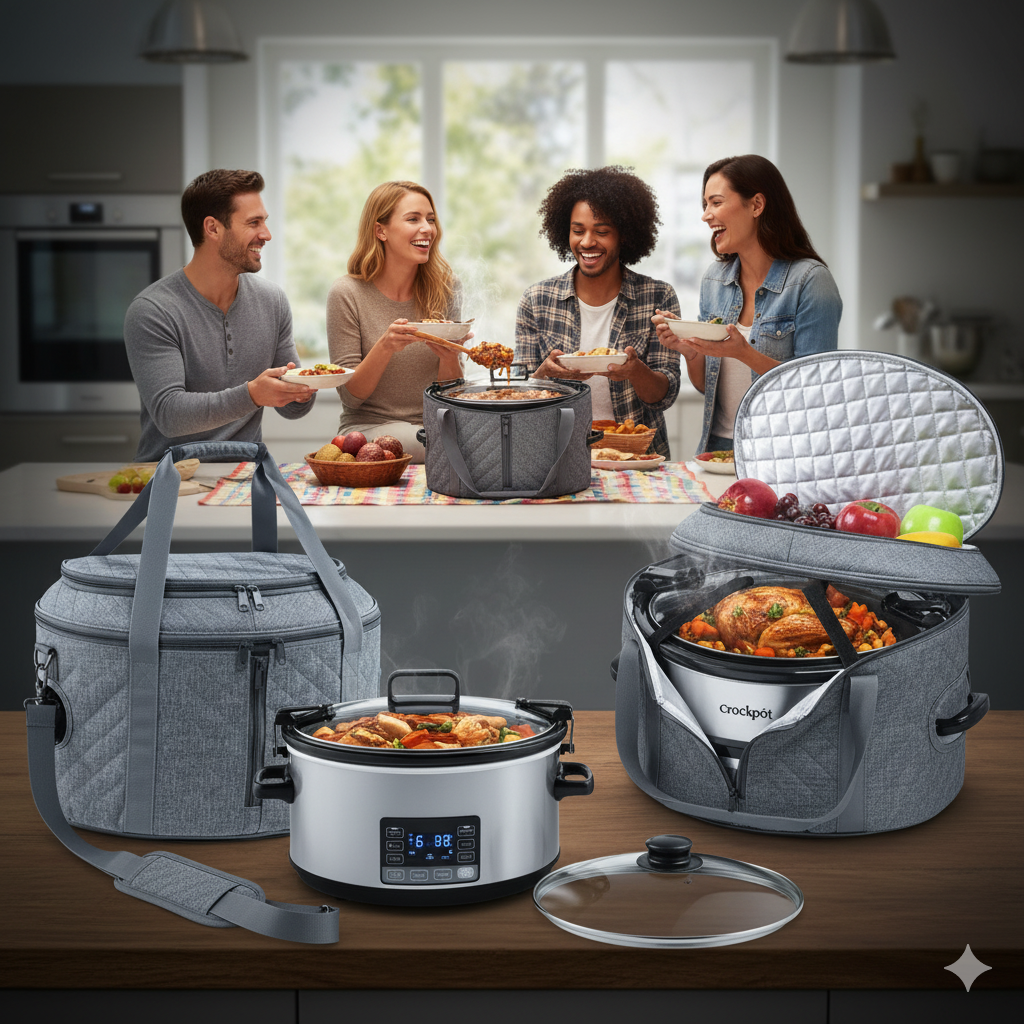 BAGSPRITE Double-layer Slow Cooker Carrying Case Compatible with 6-8 Quart Crockpot Carrier for Hot Food and Hamlton Beach Slow Cooker Tote with Lid Fastener for Crock-pot Dust Cover Applicances
